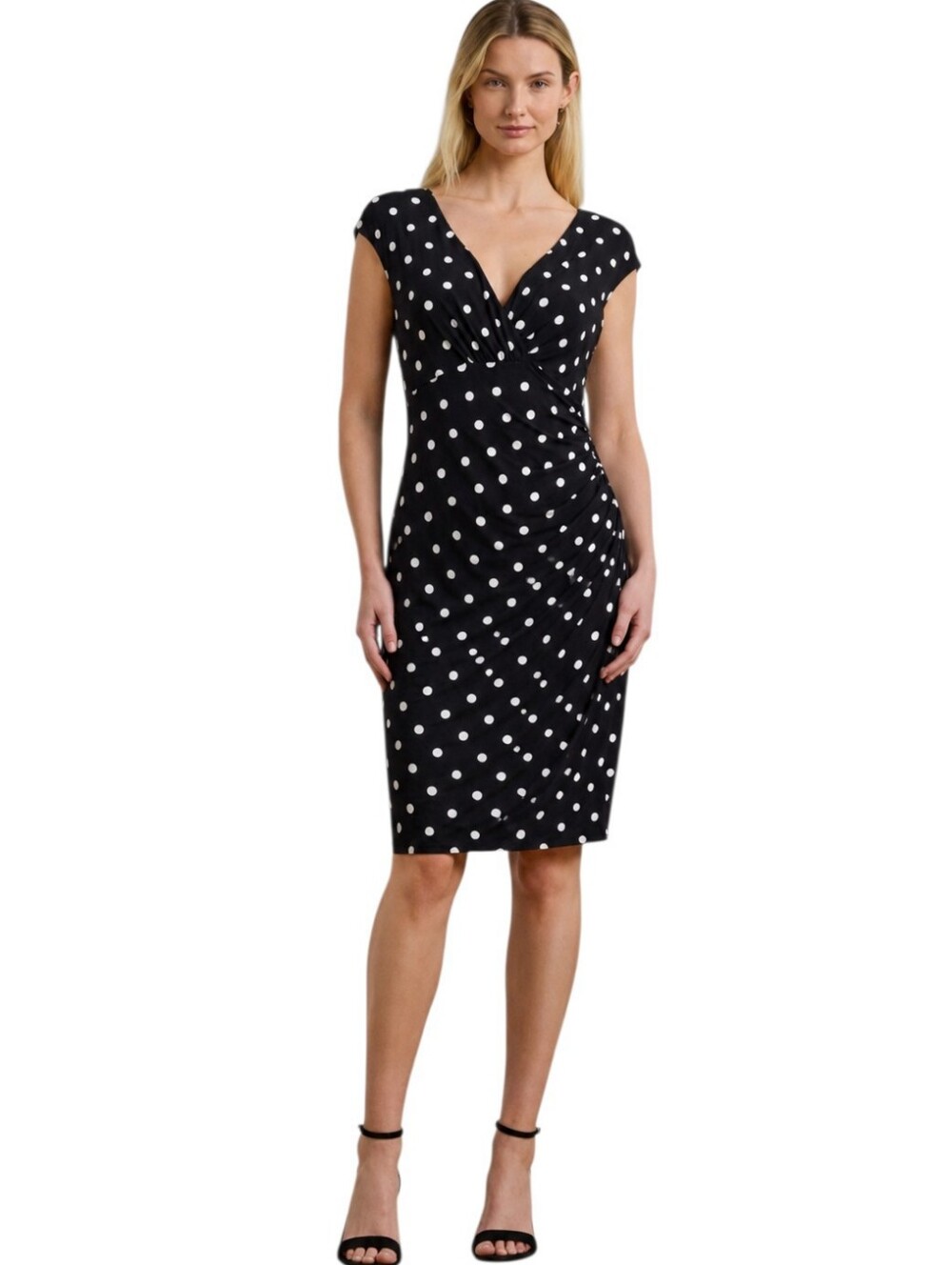 Ralph Lauren Black and White Polka Dot V-Neck Sheath Dress Size 12P